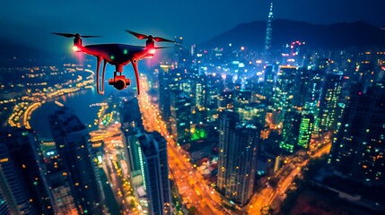 Poster - Drone flying over a vibrant, illuminated cityscape at night. (2)
