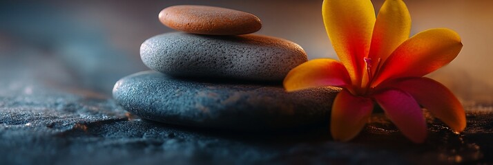 Fototapete - Stacked stones and vibrant flower on dark background, creating a serene and peaceful image.