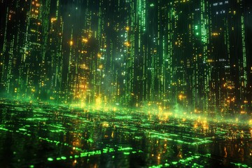 Poster - Digital landscape with glowing green data streams resembling a futuristic city at night