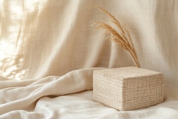 Aufkleber - Beige woven box on linen fabric with pampas grass.
