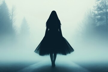 Poster - A dramatic depiction of a girl in khaki pants walking through a foggy forest, surrounded by shadows and eerie light