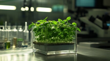 Poster - Young green plants in a transparent cube container on a lab table.