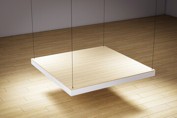 Poster - Floating wooden platform in a modern interior with clean design for creative presentations and product display. 3D Rendering