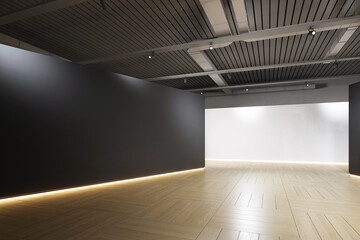 Poster - Modern gallery interior with wooden floor, dark and white walls, and sleek ceiling lights illuminating clean, empty space. 3D Rendering