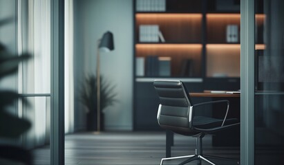 Aufkleber - Modern office interior with sleek furniture, bookshelf, and natural light.
