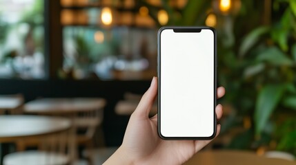 Poster - Woman hand holding smartphone with blank white screen providing mockup template for application or website design in blurred coffee shop background