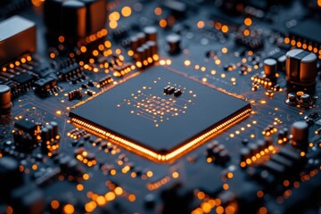 Poster - Circuit board with glowing components displays intricate details at close range during nighttime