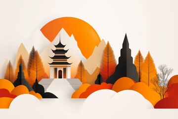 Poster - A flat design of a Khmer pagoda, drawn with clean lines and vibrant colors against a white backdrop
