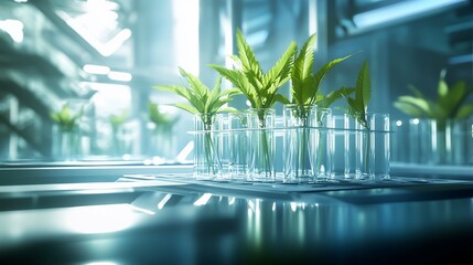 Poster - Young plants growing in test tubes inside a modern laboratory.