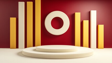 Poster - Abstract 3D rendering of a minimalist product display podium with geometric shapes and a red background.