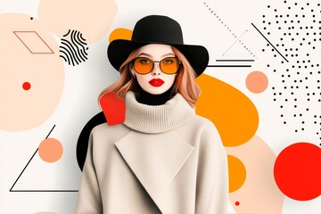 Aufkleber - A flat vector design of a girl in a khaki outfit, paired with bold, simple accessories against a pastel background