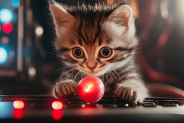 Poster - A futuristic depiction of a robotic kitten with glowing LED eyes, playing with a holographic ball in a high-tech room