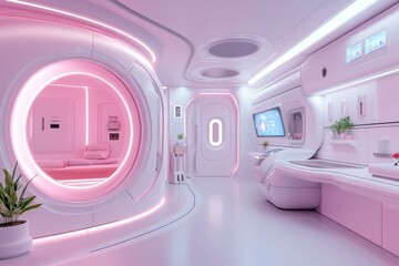 Aufkleber - A futuristic kitchen featuring holographic panels, robotic arms, and sleek surfaces glowing with neon edges