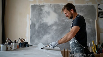 Poster - A male artist in his studio, meticulously preparing a canvas using a palette knife.