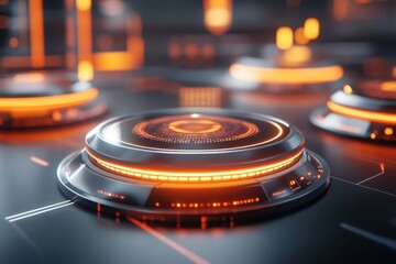 Aufkleber - A futuristic kitchen featuring holographic panels, robotic arms, and sleek surfaces glowing with neon edges
