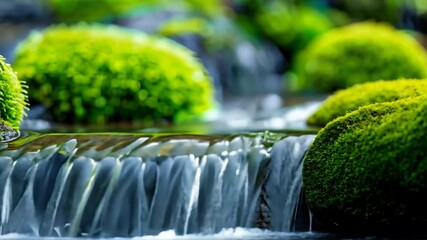 Wall Mural - Lush green moss blankets smooth stones by tranquil waterfall, where gentle flow of water enhances serene beauty of landscape, surrounded by vibrant greenery and peaceful nature.