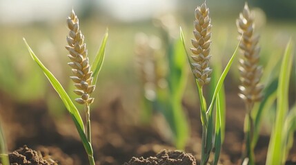 Poster - A close-up of freshly planted grains in the rich, fertile soil, showing the beginning of the harvest season in a vast field