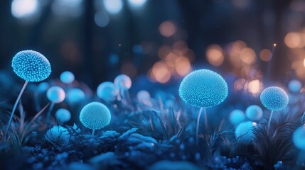 Poster - A close-up of glowing blue spherical cells against a soft blurred background, evoking a peaceful, scientific atmosphere that captures the beauty of microscopic life