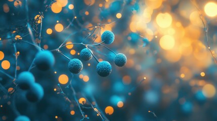 Poster - A close-up of glowing blue spherical cells against a soft blurred background, evoking a peaceful, scientific atmosphere that captures the beauty of microscopic life