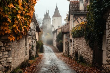 Poster - Misty autumnal village street with ancient stone buildings and towers in the background.