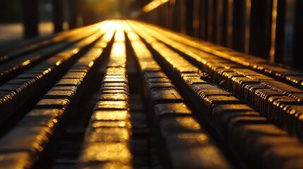 Poster - A close-up of neatly arranged steel bars at a construction site, with golden sunlight reflecting off the steel, symbolizing construction and industry excellence