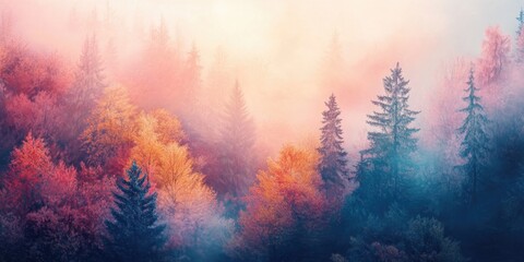 Wall Mural - autumnal forest panorama with misty morning vibes