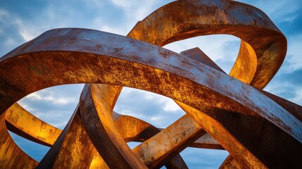 Poster - A close-up of rusted metal bars intertwined in an intricate pattern, glowing softly under the evening sky, evoking a blend of industrial and organic beauty