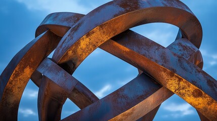 Poster - A close-up of rusted metal bars intertwined in an intricate pattern, glowing softly under the evening sky, evoking a blend of industrial and organic beauty