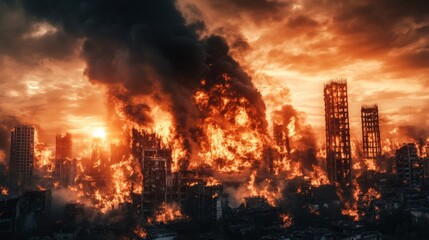 Poster - Huge fire destroying buildings in war torn city, creating apocalyptic scene with intense flames and thick smoke filling the sky during sunset