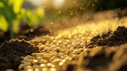 Aufkleber - A close-up view of golden grains embedded in the soft, rich soil, highlighting the connection between nature and agriculture