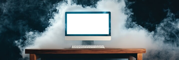 Poster - Desktop computer displaying a blank white screen, engulfed in flames and smoke on a wooden table, illustrating themes of technology, danger, and the potential for disaster