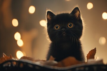 Poster - A gothic-style kitten with dark fur and glowing yellow eyes, sitting in a candlelit room surrounded by ornate shadows