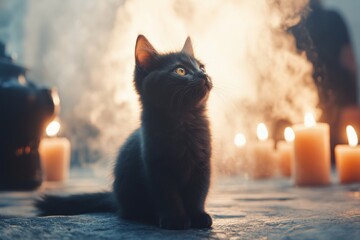 Poster - A gothic-style kitten with dark fur and glowing yellow eyes, sitting in a candlelit room surrounded by ornate shadows