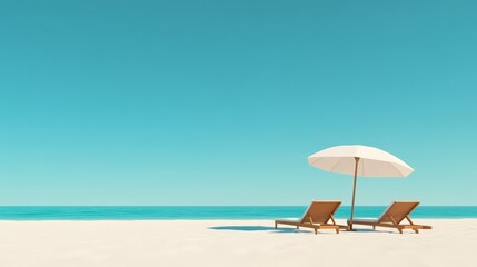 Poster - Two empty beach chairs sitting under a beach umbrella on a white sand beach invite tourists to relax and enjoy the summer holidays by the sea