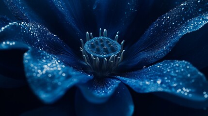 Aufkleber - Close-up of a vibrant blue lotus flower with water droplets on its petals, showcasing intricate details of its pistil and stamens against a dark background.