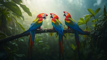 Poster - Three vibrant macaws perched on a branch in a lush, misty rainforest.