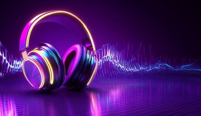 Poster - Neon headphones with vibrant sound waves.