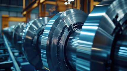 Aufkleber - A detailed close-up of large aluminum steel rolls in a factory, emphasizing the modern technology and high precision in the manufacturing process of steel materials