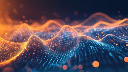 Poster - A digital grid and flowing data concept, illustrating a virtual museum in a virtual reality environment, highlighting modern information networks