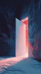 Wall Mural - A white door is open in a dark room. The light shining through the door creates a warm and inviting atmosphere