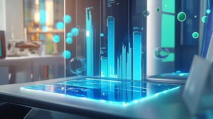 Aufkleber - Futuristic holographic display showing data graphs and charts in a modern office.