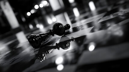 Poster - Fallen chess piece on reflective surface, blurred background.