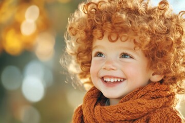 Poster - A hyper-realistic close-up of a child face, laughing with joy, capturing every fine detail from sparkling eyes to soft curls