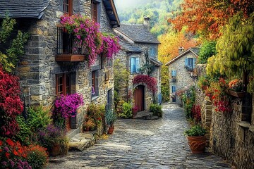 Poster - Picturesque stone village street with vibrant autumn foliage and flowering plants.