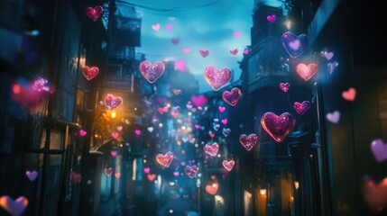 Poster - A dreamy twilight cityscape with colorful transparent hearts hovering in the air, creating a romantic, whimsical atmosphere filled with magic and love