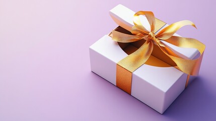 Aufkleber - Open white gift box with gold ribbon on purple background.