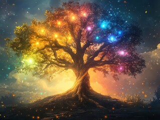 Majestic Tree of Life from behind, chakras represented as luminescent orbs, intricate details in branches, photorealistic digital art, harmonious and mystical vibes