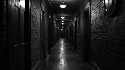 Poster - dark, long hallway with brick walls, wooden floor, and doors on both sides.