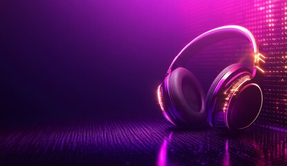 Poster - Illuminated headphones on a vibrant purple background with a digital wall.