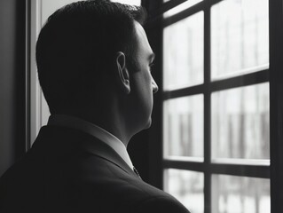 Wall Mural - Silhouette of Man in Suit Staring out Window